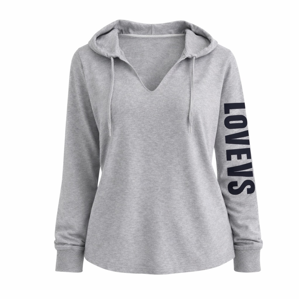 Victoria's Secret Gray Hoodie LOVE VS Logo Black Lettering Sleeve Raw V-neck
